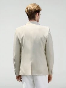 Manfinity VCAY 男士梭织拼接商务休闲风翻领长袖亚麻布西装外套适合日常搭配 - 杏色 - 查看 2