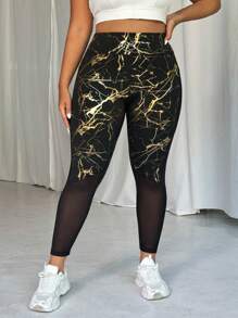 SHEIN Sport Studio Plus Size All-Over Print Elastic Waist Fitness Leggings, Suitable For Yoga Exercises