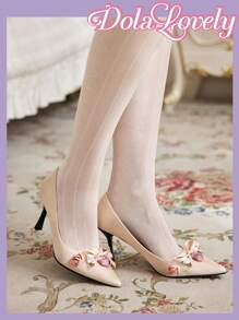 Dola Lovely Escarpins femme à talons hauts, à bout pointu avec nœud rose unicolore et fleurs 3D, chaussures plates à bride arrière