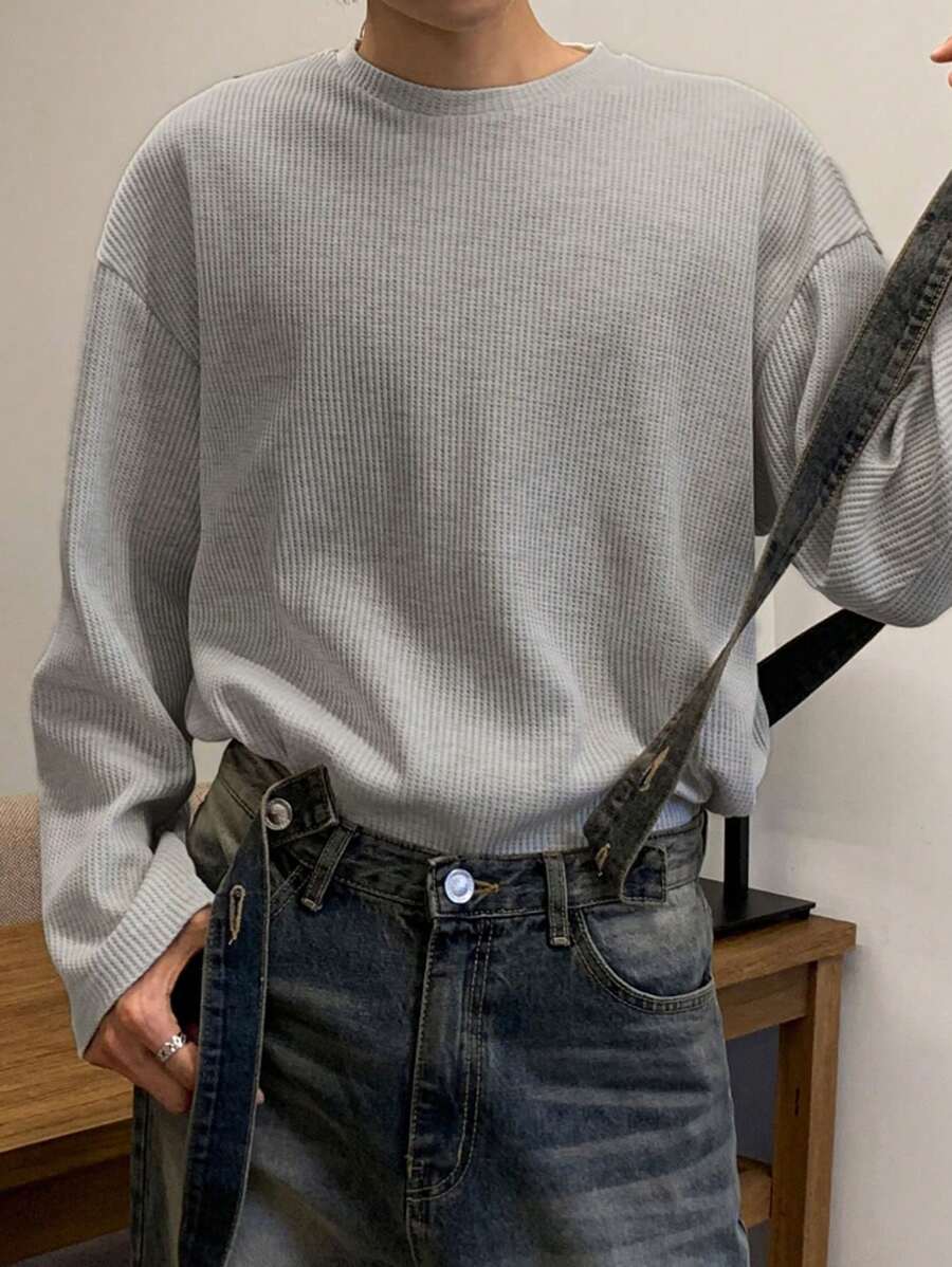 DAZY Camiseta de manga larga casual y holgada de cuello redondo de unicolor para hombre, otoño - Gris - Ver 1