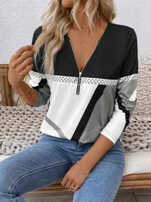 SHEIN LUNE Maglietta casual da donna a maniche lunghe con collo a mezza zip, magliette con stampa grafica geometrica, top da donna per primavera e autunno - Multicolore - Visualizzare 5