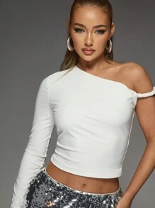 MISSGUIDED Asymmetric Neckline One Long Sleeve Knot Top