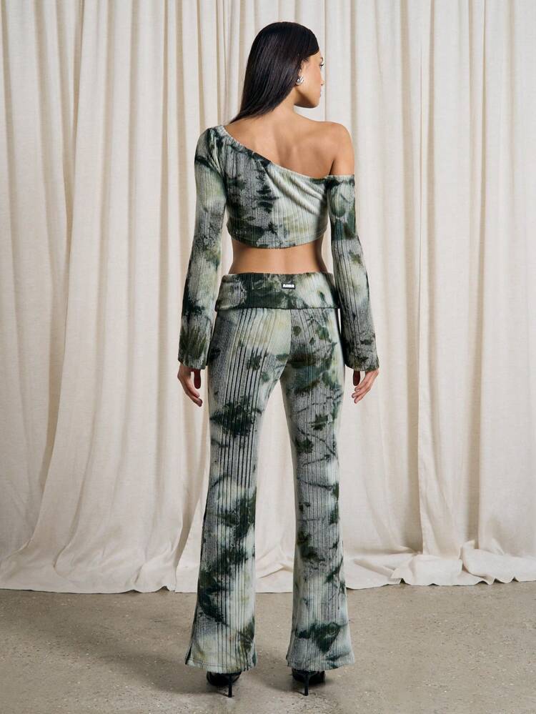 Tie Dye Rib One Shoulder Top And Flared Trouser Set