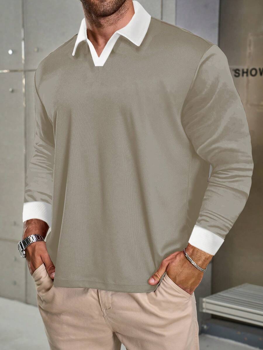 Manfinity Homme Plus Size Men Contrast Trim Casual Versatile Long Sleeve Polo Shirt - Khaki - View 1