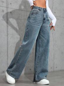 女式口袋宽松阔腿休闲百搭牛仔裤 - 中等水洗藍 - 查看 4