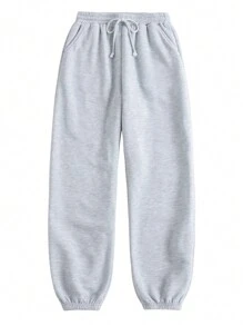 SHEIN BASICS Women's Casual Sports Loose Pockets Solid Color Knitted Pants