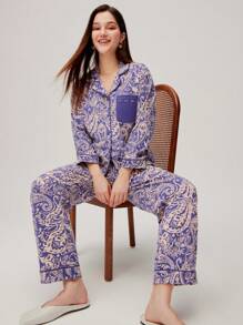 LUVLETTE Conjunto de pijama longo feminino em algodão com estampa paisley, calça com bolsos, lingerie, ideal para o outono, primavera e verão. - Azul e branco - Ver 4