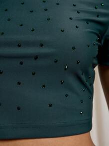 AiiRZ Áo Crop Top Tay Ngắn Cổ Tròn Có Hotfix - xanh quân đội - Xem 4