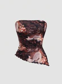 Sweetra Y2K Sexy Vintage Print Ruched Asymmetrical Crop Top Y2K