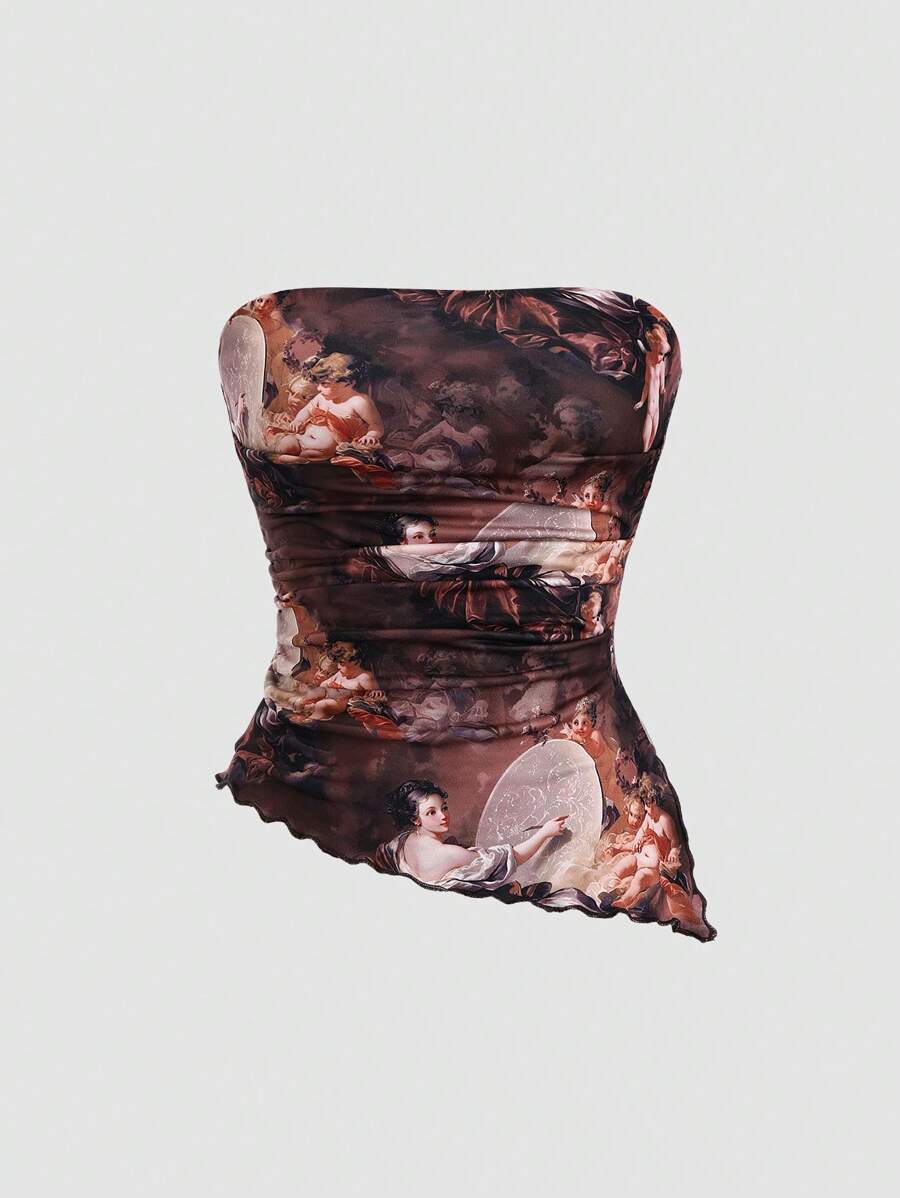 Sweetra Y2K Sexy Vintage Print Ruched Asymmetrical Crop Top Y2K