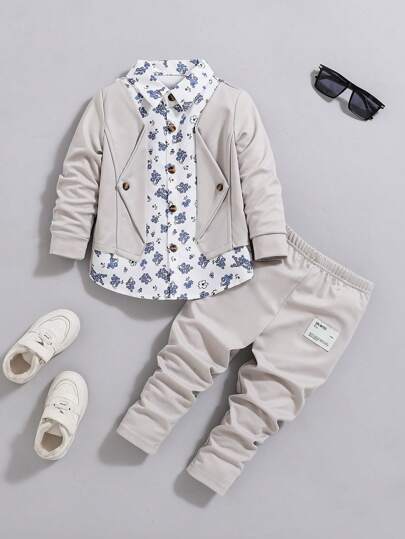 SHEIN Explorewe 2pcs/Set Young Boys Floral Print Casual 2 In 1 Shirt-Style Jacket & Pants Set, Suitable For Spring/Autumn Chic Outfits For Autumn/Winter
