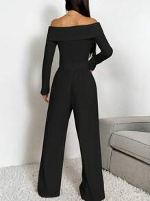SHEIN EZwear Conjunto informal de mujer de camisa de manga larga en escote bardot y pantalones de punto negro