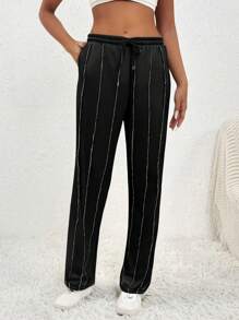 Flirla Quần nỉ ống đứng hở lưng vải nỉ màu xám, dây rút, buộc vạt, đường may cũ kỹ, quần nỉ thường ngày - màu đen - Xem 4