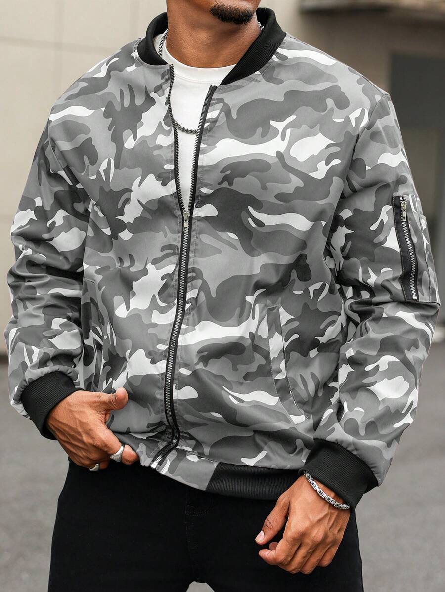 Manfinity LEGND 带拉链和迷彩口袋的大码男士夹克 - 淺灰色 - 查看 1