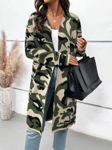 SHEIN LUNE 女士秋冬长袖休闲迷彩印花开衫 - 軍綠色 - 查看 4