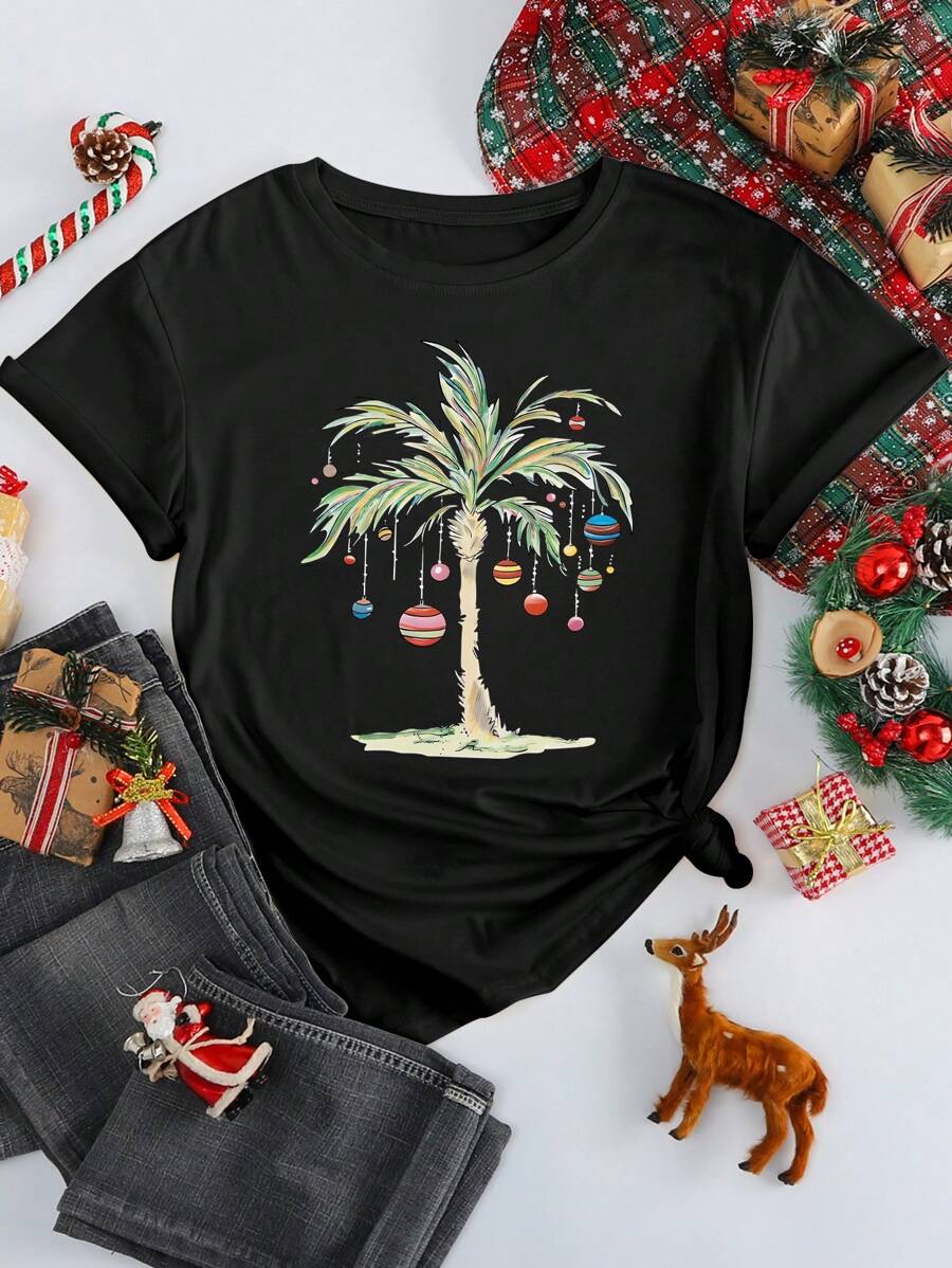 INAWLY T-shirt à col rond pour femmes, Noël, style simple, mode décontractée, porter au quotidien, t-shirts graphiques pour femmes, hauts