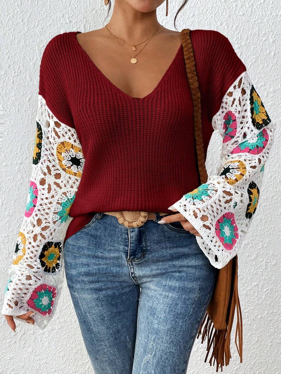 SHEIN VCAY Women's Floral Pattern Oversized Drop Shoulder Long Sleeve Sweater, Autumn/Winter - Red - View 1