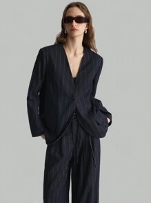Ontre Women's Black & White Pinstripe Retro Style Loose Blazer & Pants Suit, Office Wear