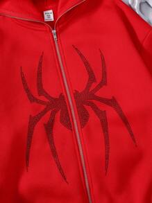 SHEIN Sudadera informal de niña preadolescente de punto polar con decoración de araña de strass, manga larga, para otoño/invierno - Rojo - Ver 3