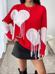 SHEIN Unity Loose Fit Contrast Color Heart Embellished Pullover Sweater For Autumn/Winter, Cozy & Casual For New Year Knit Pullover Fall - Red - View 5