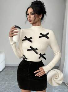 Chiquease Áo len nữ mùa thu/đông mới, kiểu dáng dễ thương, có nơ trang trí, ôm sát, giữ ấm, lót lông, cổ cao, tay dài, thích hợp mặc trong nhà. - Màu be - Xem 3