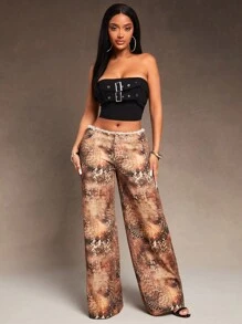 SHEIN SXY 新年优雅性感夜店必备情人节卡其棕色扎染蛇纹编织斜纹面料超低腰带带拉丝边缘和真口袋 - 彩色 - 查看 1