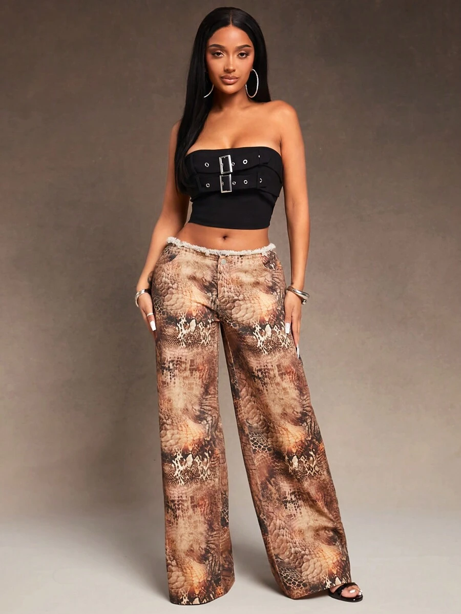 SHEIN SXY 新年优雅性感夜店必备情人节卡其棕色扎染蛇纹编织斜纹面料超低腰带带拉丝边缘和真口袋 - 彩色 - 查看 1