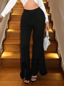 SHEIN SXY Schwarze Weite Hose mit Federn gesäumtem Beinschlitz, geeignet für Herbst/Winter Ball & Party
