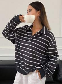 DAZY Sweat-shirt-shirt ample à manches longues avec col polo et fermeture éclair, rayures contrastées, vêtements pour femmes en automne - Bleu marine - View 1