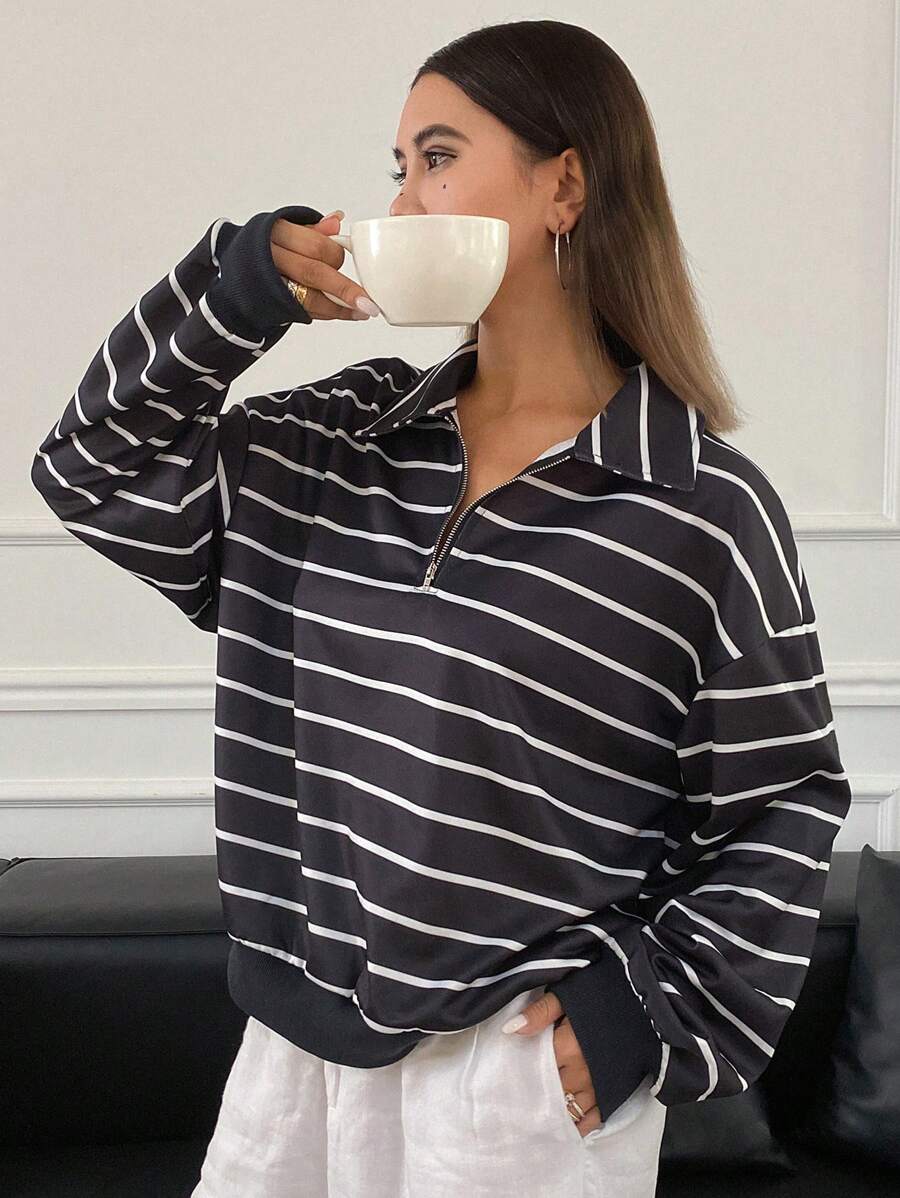 DAZY Sweat-shirt-shirt ample à manches longues avec col polo et fermeture éclair, rayures contrastées, vêtements pour femmes en automne - Bleu marine - View 1