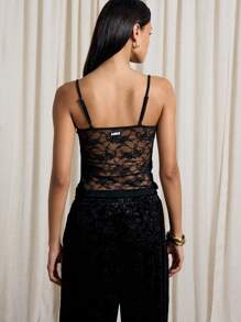 AiiRZ Sheer Floral Lace Camisole Tank Top Elegant Nightwear Lingerie Cami With Scalloped Neckline Evening Lounge Wear All Season Sleepwear - Black - View 2