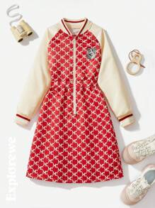 SHEIN 1 件女童棒球领插肩袖收腰连衣裙，都市休闲风格适合户外、街头、学校、派对等。 - 玫紅色 - 查看 2