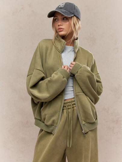 MISSGUIDED Oversized Full Zip Track Jacket Athletic Loungewear Fall Winter Cozy Bomber Style Workout Training Athleisure Zip Up Sweater Casual Sport