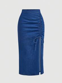SHEIN Tall Women's High Waist Side Drawstring Split Hem Maxi Casual Blue Denim Skirt