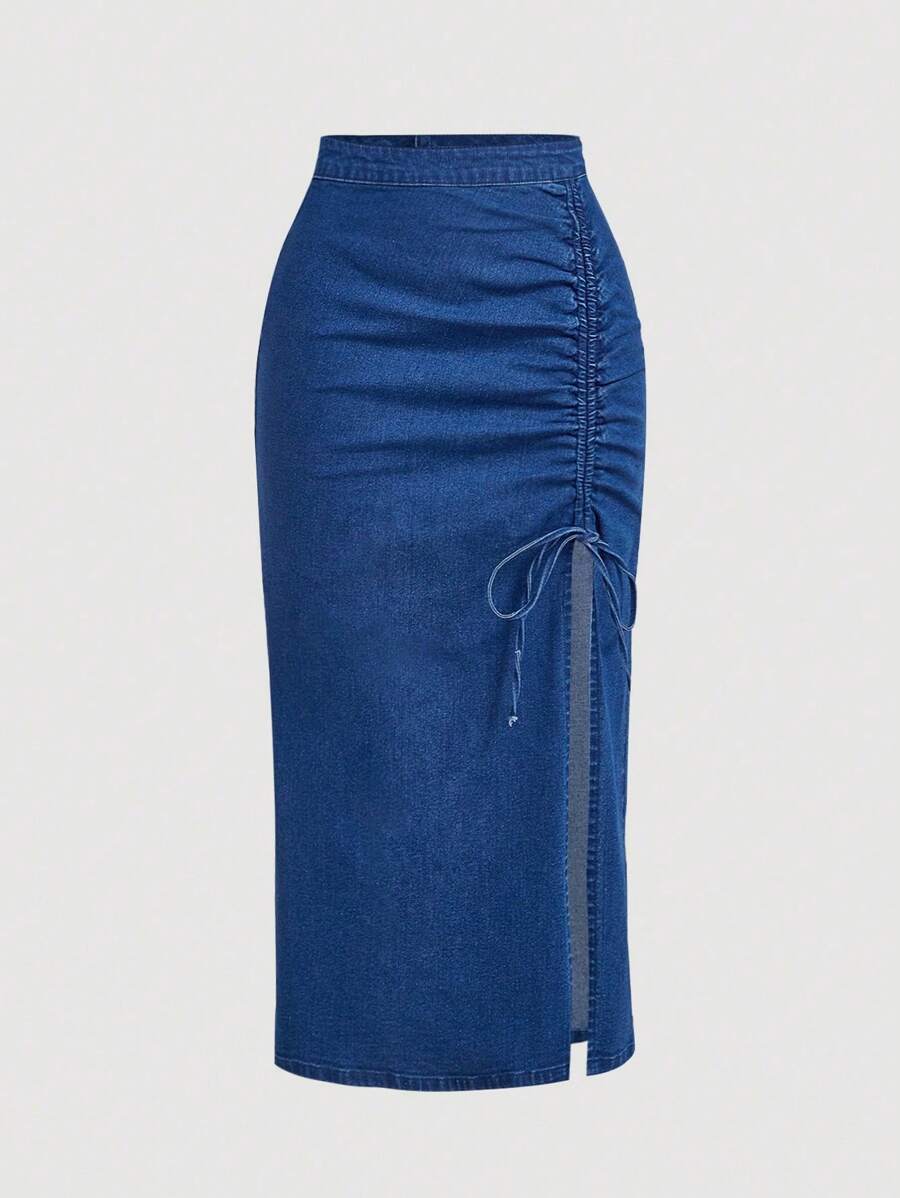 SHEIN Tall Women's High Waist Side Drawstring Split Hem Maxi Casual Blue Denim Skirt