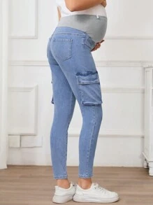 SHEIN Maternity Solid Color Patchwork Casual Elastic Denim Cargo Cropped Pants
