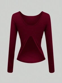 SHEIN ICON 女士春夏季純色圓領長袖修身休閒T恤 - 酒紅色 - 查看 4