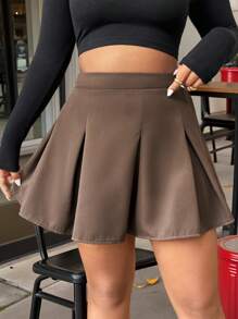 Calvaya 大码女式纯色褶皱短休闲裙 - 卡其色 - 查看 5