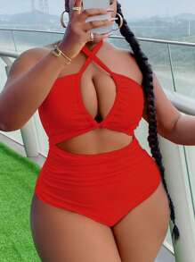 SHEIN Slayr Bộ đồ bơi liền thân màu đỏ trơn gợi cảm cho nữ mùa hè năm mới và lễ hội mùa xuân 2025 đi biển cỡ lớn - Đỏ - Xem 3