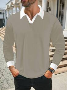 Manfinity Homme Plus Size Men Contrast Trim Casual Versatile Long Sleeve Polo Shirt - Khaki - View 3