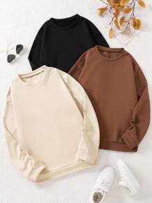 Tween Girl 三件套，纯色圆领长袖宽松休闲运动衫，秋冬