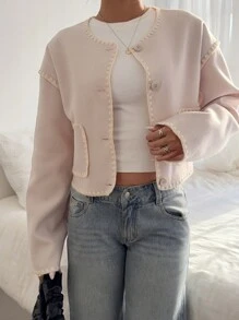 Siren Gaze Veste col rond pour femmes, veste à bordure contrastée brodée, veste de style casual de rue pour femmes, vêtements de bureau