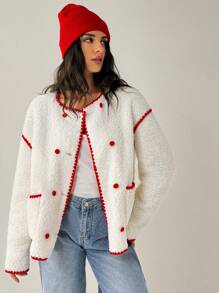 Forever 21 Chaqueta con capucha cálida con cierre de cremallera y estampado floral rojo y blanco - Albaricoque - Ver 7