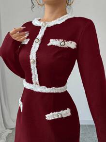 SHEIN Unity 女士纯色拼布前扣长袖口袋休闲短款连衣裙新年衣服 - 紅色 - 查看 5