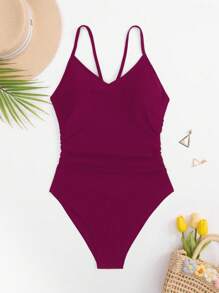 SHEIN Swim Đồ bơi một mảnh dây mảnh màu trơn đơn giản cho nữ mùa hè - Màu đỏ tím - Xem 7