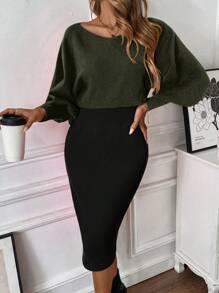 SHEIN Clasi Vestido jersey de Body entallado con manga larga, cuello asimétrico y bloques de color, para otoño/invierno
