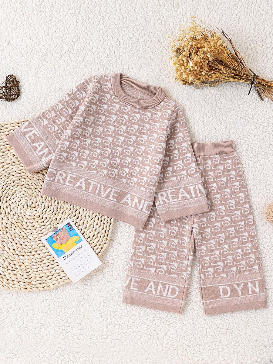 2pcs Baby Girls Sweater Co-Ords Set,Dusty Pink Knitted Houndstooth Round Neck Long Sleeve Pullover&Wide Leg Pants,Cute Autumn Outfit Matching Family - Multicolor - View 1