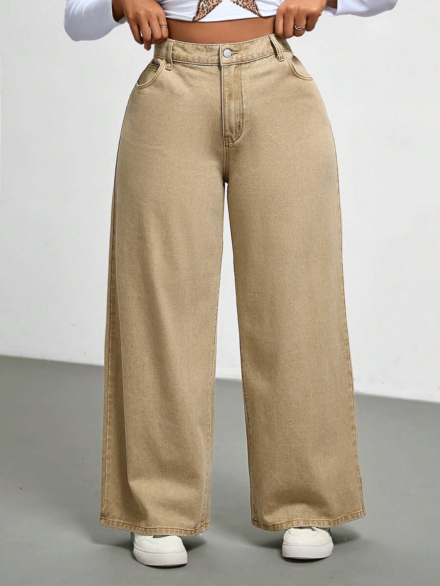SHEIN EZwear 大码休闲宽松阔腿牛仔裤，时尚百搭，蓝色 - 卡其色 - 查看 1