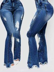 Women's Pearl Jeans, High Waisted Stretch Ripped Distressed Denim Pants,Flared Jeans For Women - Rửa tối - Xem 2