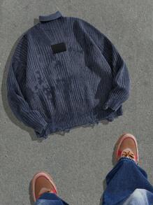 Manfinity Denimwave Solid Color Stand Collar Distressed Casual Versatile Long Sleeve Pullover Sweater